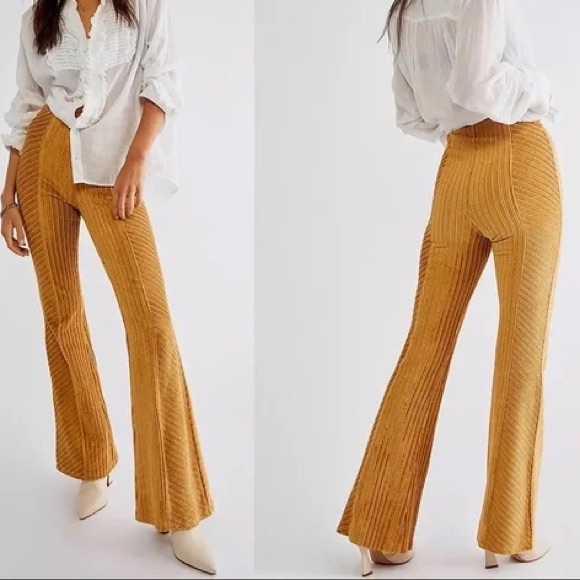 Free People Penny Pull-On Gold Chevron Velvet Flared Pants Bohemian Retro Hippie - Picture 9 of 9
